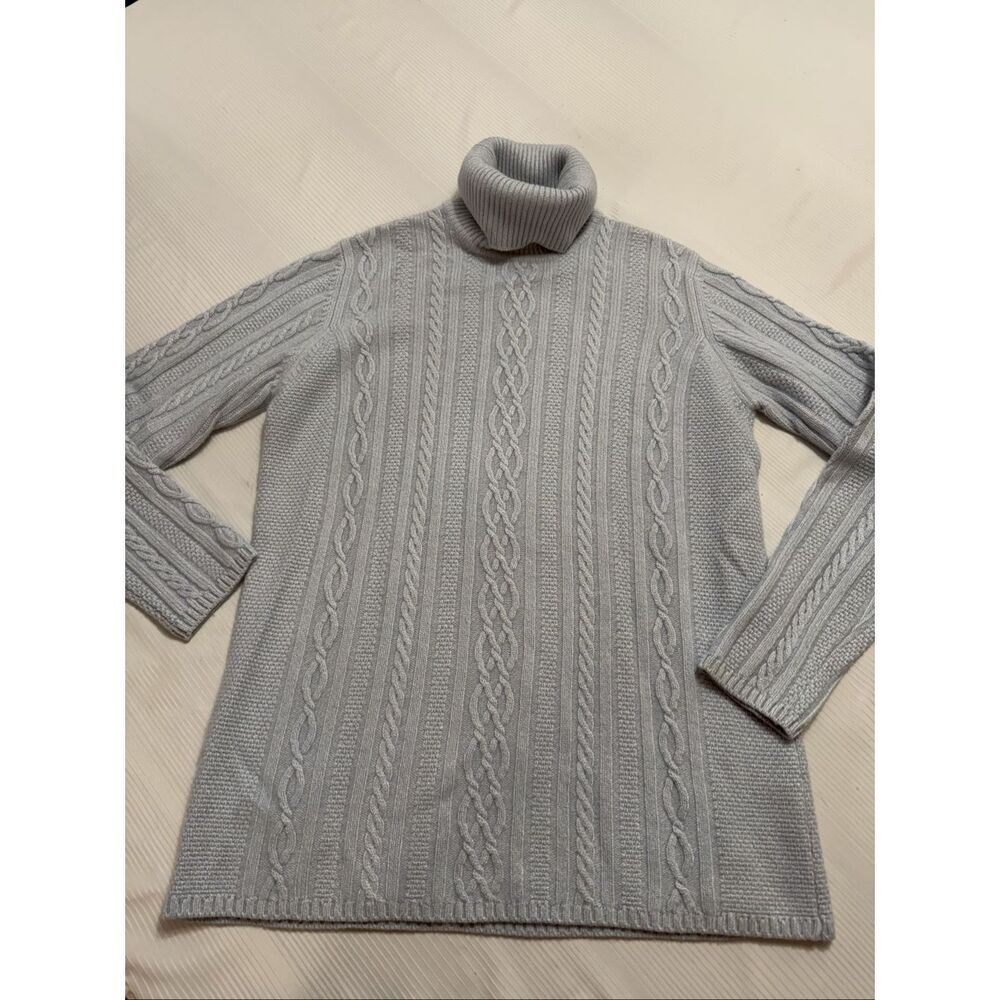 Jaeger Vintage Blue Cable Knit Cashmere Turtleneck Sweater Size Small